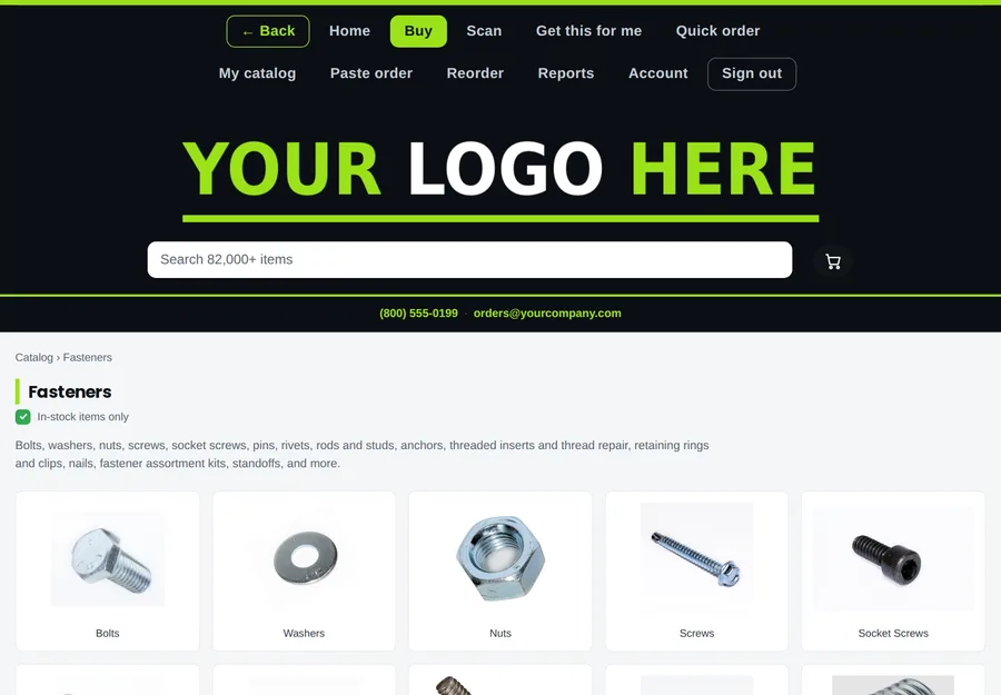 The store on a tablet: your logo over your catalog with real product photos